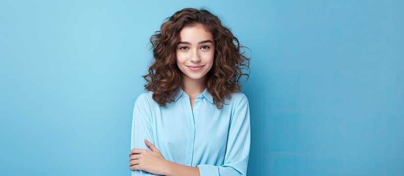 A woman in blue shirt with curly hair posing for a photo