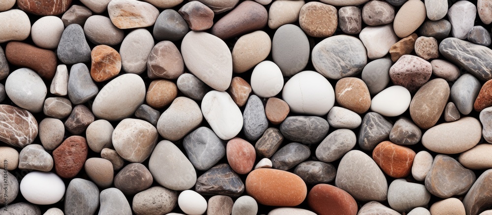 Poster close up view of assorted rocks, including a red and white one
