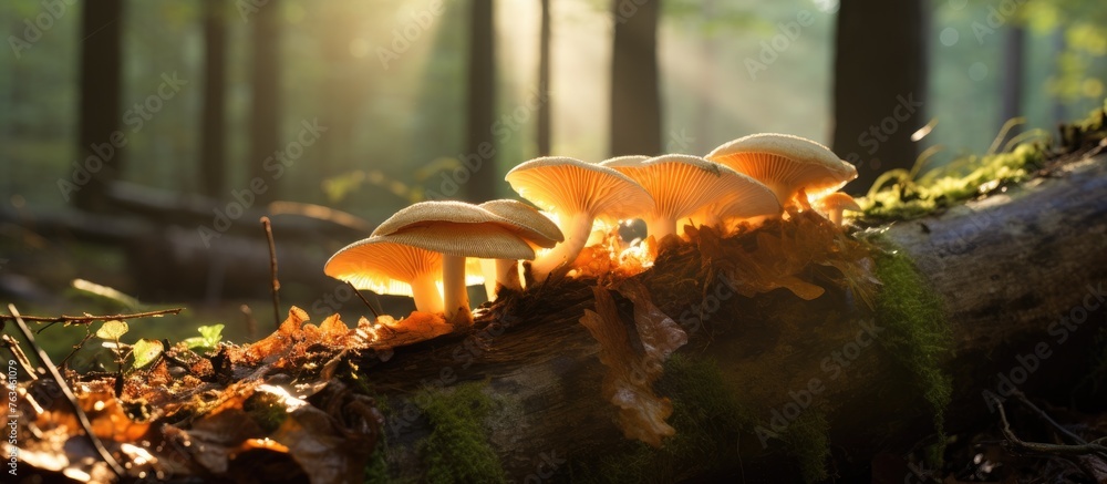 Aufkleber mushrooms growing on a log in the forest with sunlight filtering through the trees