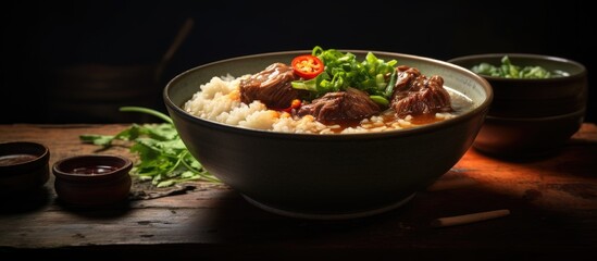 Bowl of hearty Oxtail Rice Soup on rustic wooden table