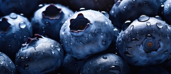 Close-up of fresh, dewy blueberries - obrazy, fototapety, plakaty