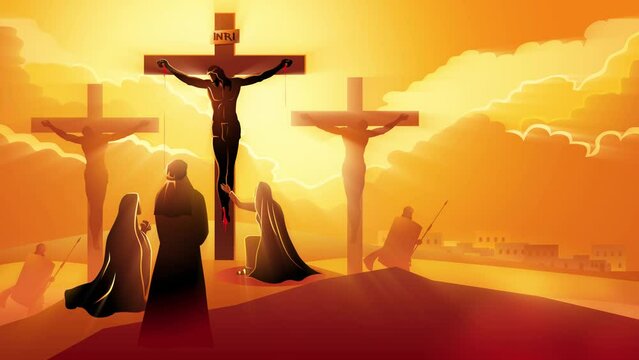 Biblical motion graphic series. Way of the Cross or Stations of the Cross, twelfth station. Mary the Mother of Jesus, John the beloved disciple and Mary of Magdala at the Crucifixion 