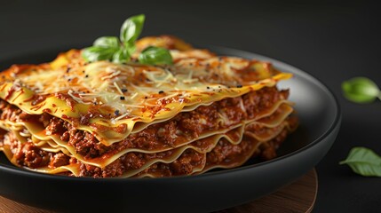 Lasagna, alternating layers of pasta dough with tomato sauce, meat, cheese and besam sauce  - obrazy, fototapety, plakaty