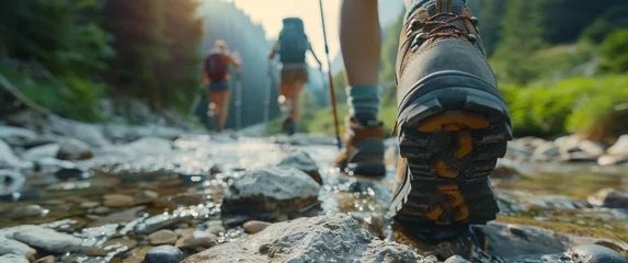 Fotobehang Hiking. Mountain and lake, river view. Traveler, landscape, nature, sport. Cover: feet with hiking shoes standing on top of high mountain or cliff. Sports shoes. Concept of healthy lifestyle. © Екатерина Савченко