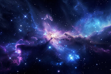 A stunning interstellar landscape with bright stars illuminating a vibrant galactic nebula, suggesting a cosmic vista of creation and wonder. Cosmic background with copyspace - obrazy, fototapety, plakaty