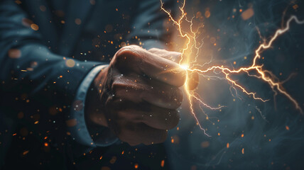 Intense focus on a businessman's hand clutching a charged lightning bolt, showcasing control. Copy space on blank labels word. - obrazy, fototapety, plakaty