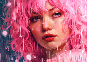 A woman with pink hair and red lipstick is shown with raindrops falling on her face. The painting has a moody and dramatic feel to it, with the raindrops adding a sense of melancholy