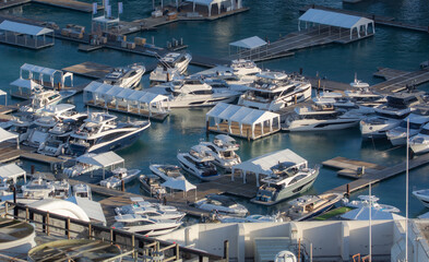 Aerial view of boats in a marina near the Port of Miami in Florida
