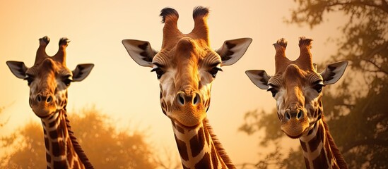 Three giraffes lined up in front of a tree - Powered by Adobe