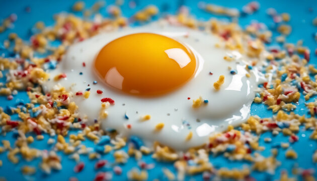 Magia in Cucina- Uovo Fluttuante con Decorazioni su Sfondo Blu ad Alta Definizione