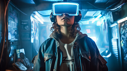 A woman wearing a VR headset stands in a room with neon lights. She is wearing a jacket with the letters "K" on it