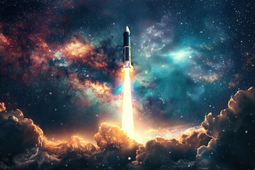Generative ai on theme of beautiful space rocket in sky, bright meteorites glow in atmosphere - obrazy, fototapety, plakaty