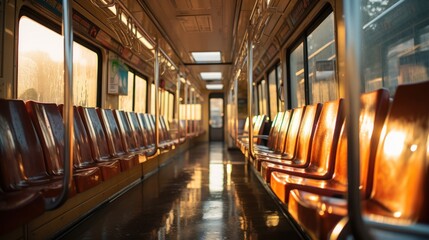 Subway train interior in the evening - obrazy, fototapety, plakaty