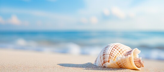 Arafed shell on the sandy shore with ocean waves in the background - obrazy, fototapety, plakaty
