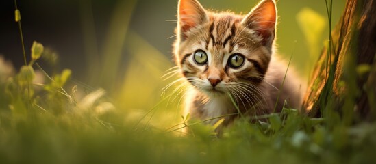 Obraz premium Adorable kitten exploring green grass field