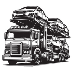 Car carrier trailer side view. Black and white illustration. Car hauler icon, Car Hauler Vectors: Various Poses of Trucks and Trailers Lifting Cars