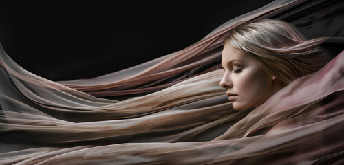 Soft tendrils of fabric sway gently, framing the woman in a scene of tranquil beauty and grace against a background of pure blackness - obrazy, fototapety, plakaty