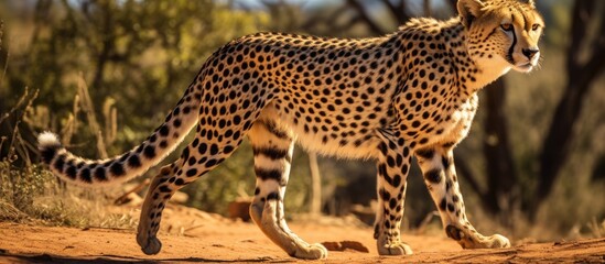 Cheetah walking on dusty path in wildlife sanctuary