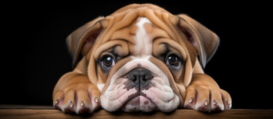 Bulldog puppy resting head on table