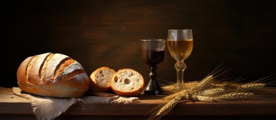 Chalice bread and cross on a wooden table
