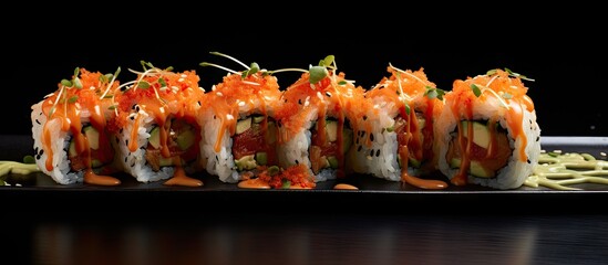 Roll of sushi with sauce and assorted vegetables