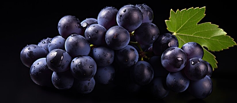 Bunch of grapes with leaf on black background