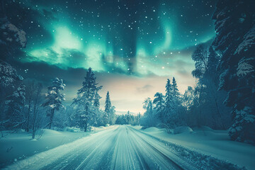 Generative ai on theme of beautiful northern lights, bright aurora borealis winter in atmosphere - obrazy, fototapety, plakaty