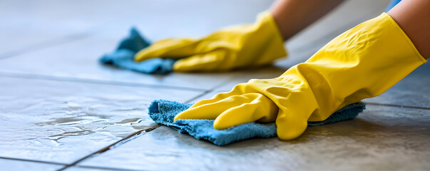 Hand in yellow rubber glove clean white tile with foam sponge. Spring cleaning concept and hygiene. Banner for cleaning service with copy space. Template background design for spring card, poster, ads