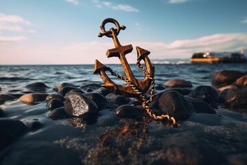 a anchor on rocks in water - Powered by Adobe