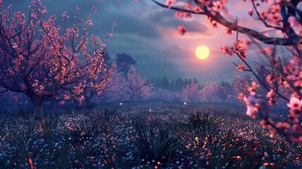 Moonlit peach orchard, spring, gentle rain, midnight whispers of blooming secrets, ethereal glow