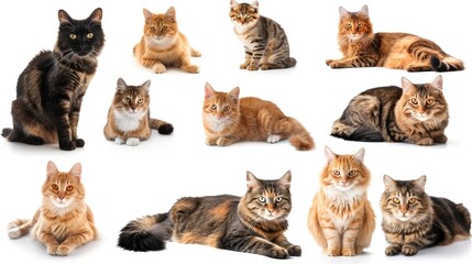 A charming collection of cats captured in various adorable poses, each displaying its unique personality against a pristine white background
