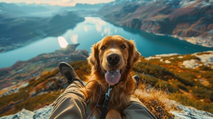 Golden retriever traveling abroad First person view realistic daylight view 