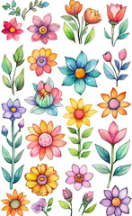 Watercolor illustration of a set of flowers for decoration, squares with flowers, seamless pattern for fabric print, wallpaper, line art, doodle, cartoon pattern, smartphone backgrounds,