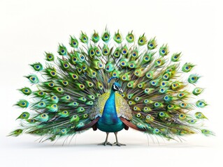 Fototapeta premium A vibrant peacock spreading its stunning feathers in a majestic display of courtship and beauty