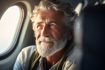 Created with generative Ai image of nice handsome man fly on summer vacation in airplane