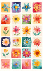 Watercolor illustration of a set of flowers for decoration, squares with flowers, seamless pattern for fabric print, wallpaper, line art, doodle, cartoon pattern, smartphone backgrounds,