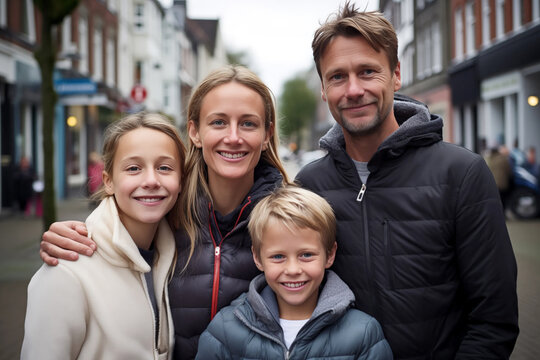 A White family man, woman, children talking head shoulders shot bokeh out of focus background on a cosmopolitan western street vox pop website review or questionnaire candid photo