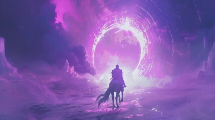 Futuristic knight on a unicorn White enters a broken portal to another world. Digital art style  - obrazy, fototapety, plakaty