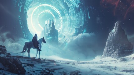 Futuristic knight on a unicorn White enters a broken portal to another world. Digital art style 