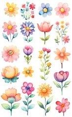 Watercolor illustration of a set of flowers for decoration, squares with flowers, seamless pattern for fabric print, wallpaper, line art, doodle, cartoon pattern, smartphone backgrounds,