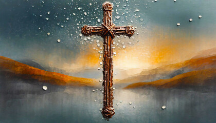 Christian cross made with rusty nails, drops of blood on grey background. Copy space. Good Friend - obrazy, fototapety, plakaty