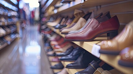 Shoes arranged meticulously on store shelves create a stylish backdrop, beckoning shoppers to explore the latest footwear trends - obrazy, fototapety, plakaty