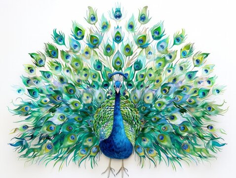 A painting depicting a peacock showcasing its vibrant and majestic feathers spread out in a display of beauty and elegance
