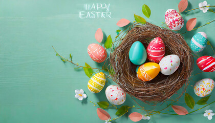 Easter poster and banner template with Easter eggs in the nest on light green background