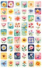 Watercolor illustration of a set of flowers for decoration, squares with flowers, seamless pattern for fabric print, wallpaper, line art, doodle, cartoon pattern, smartphone backgrounds,