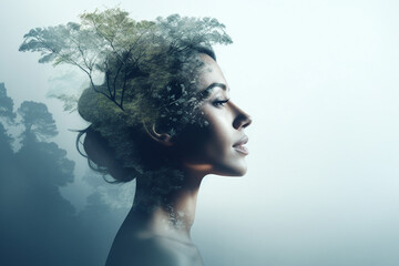 Double exposure of nature landscape mountain forest and woman face made with generative AI