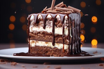 a piece of cake with chocolate drizzled on top
