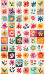 Watercolor illustration of a set of flowers for decoration, squares with flowers, seamless pattern for fabric print, wallpaper, line art, doodle, cartoon pattern, smartphone backgrounds,