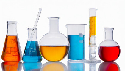 Laboratory glassware with colored liquids over white background - With Clipping Path