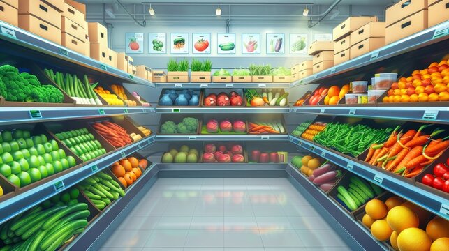 Supermarket aisle and Fresh vegetables on the shelf, with colorful shelve.